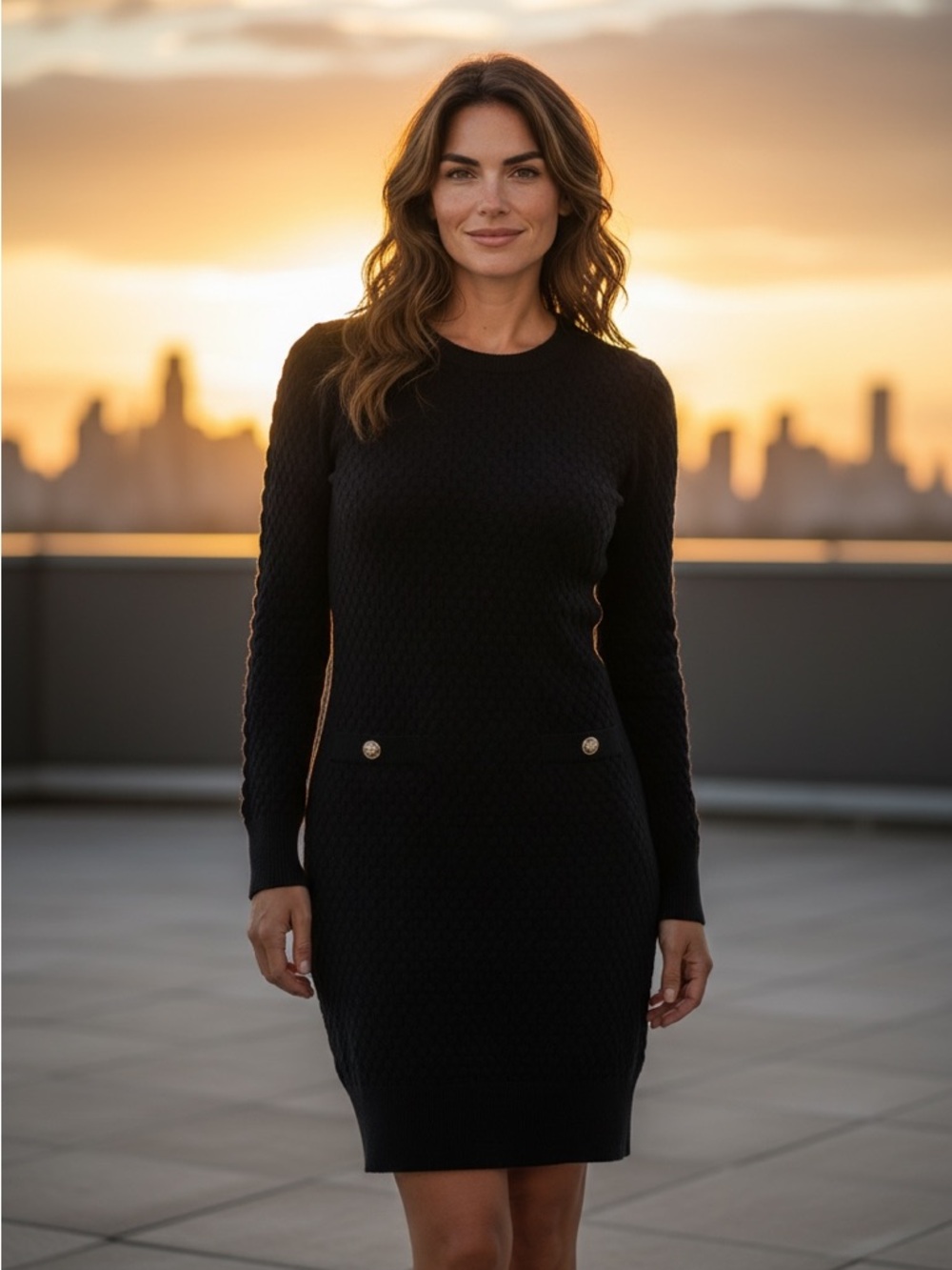 CHANEL Black Long-Sleeve Knit Dress with Gold Buttons